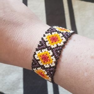 Orange & Purple Huichol Mexican Chaquira Bracelet